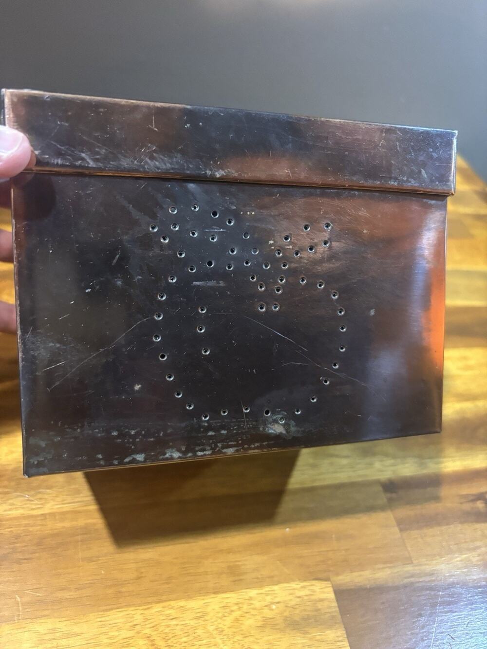 Vintage Copper Hinged Recipe Box w Dividers Punched Apple Design